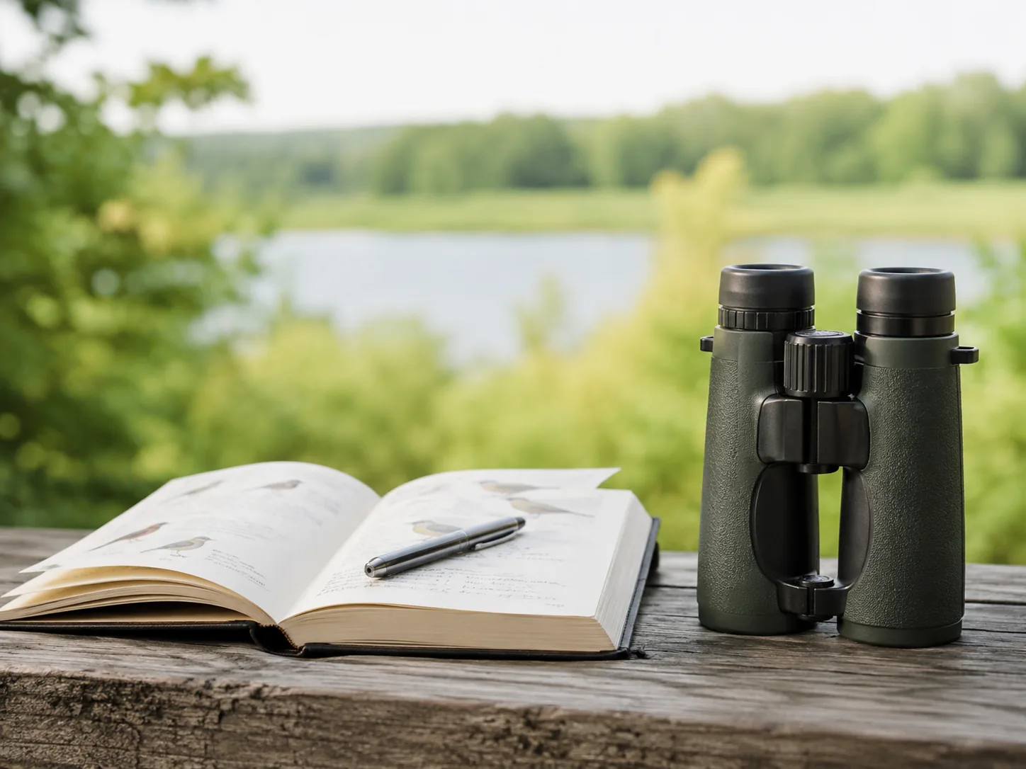 Binoculars and an open bird guide on a wooden railing overlooking a lake
