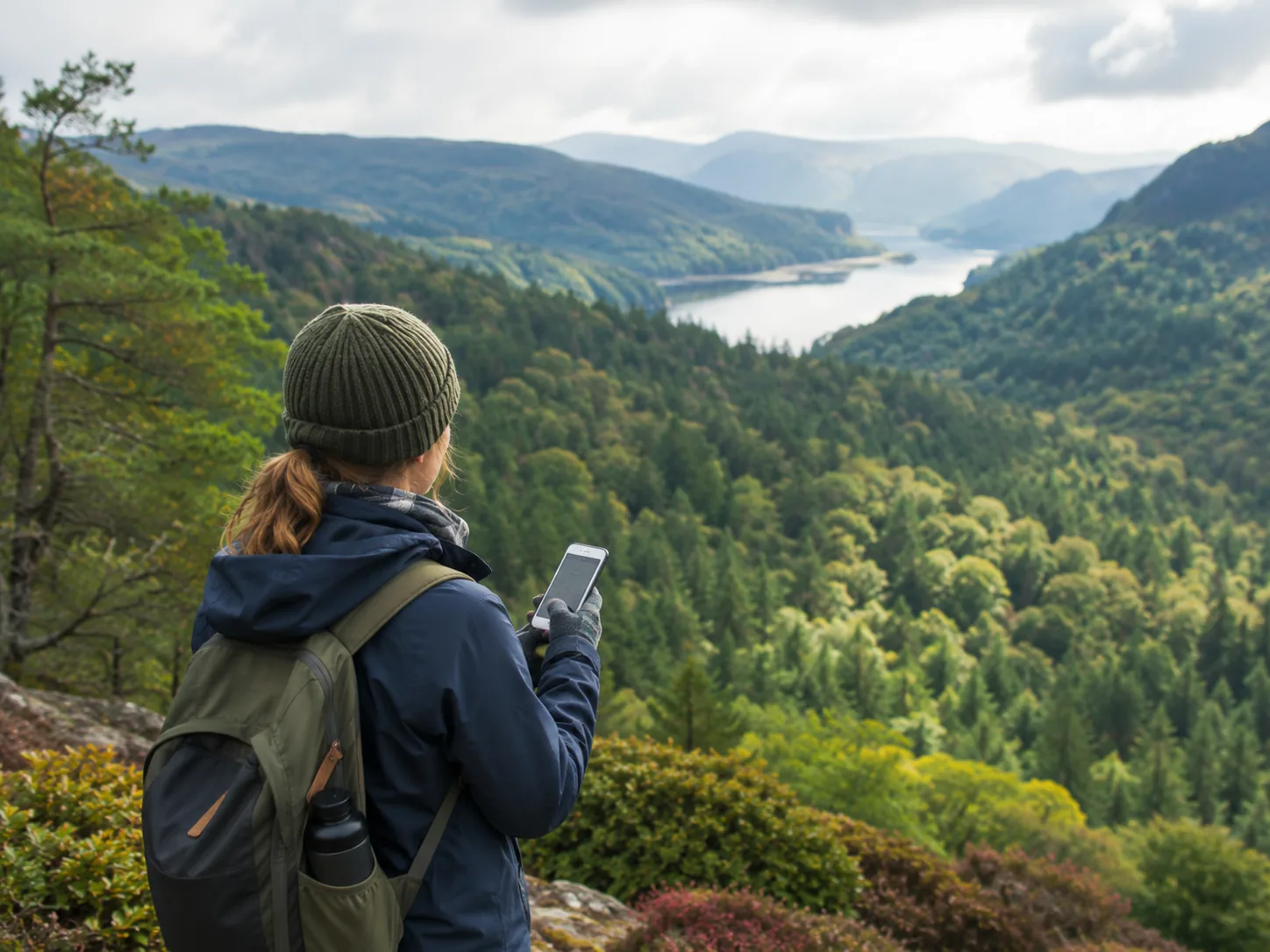 A birdwatcher using a phone while overlooking a forested European landscape