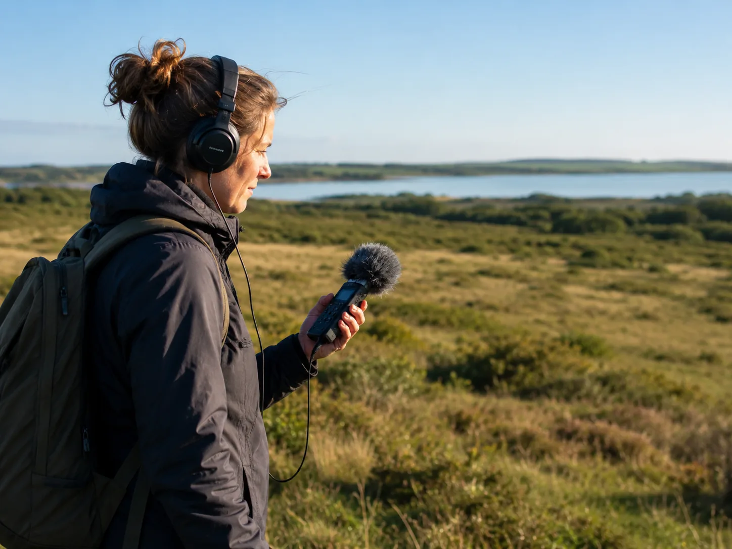 A field recordist using headphones and a handheld recorder in a natural landscape